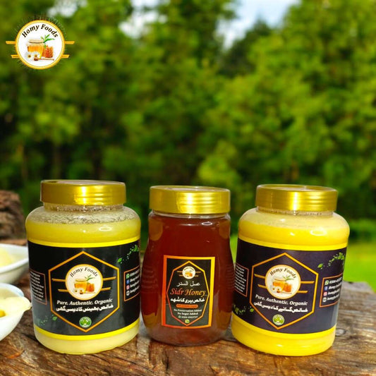HF3 - Golden Vitality Trio (Cow Desi Ghee1 KG + Buffalo Desi Ghee 1 KG + Sidr Honey 1 KG)