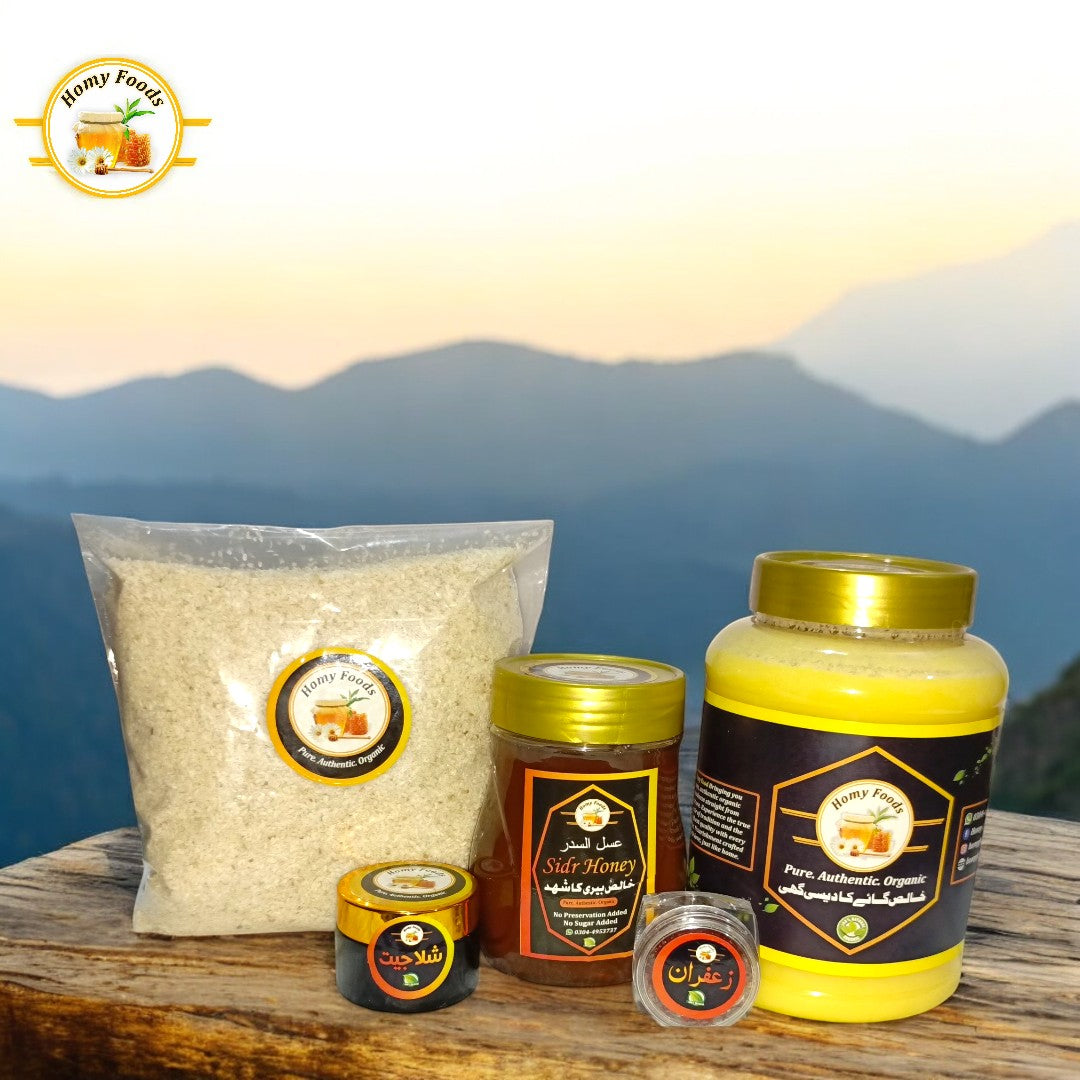 HF5 - Nature’s Power Pack (Cow Desi Ghee 1 KG + Sidr Honey 0.5 KG + Saffron 1 Gram + Shilajit 12 Gram + Husk Isapghol 200 Gram)